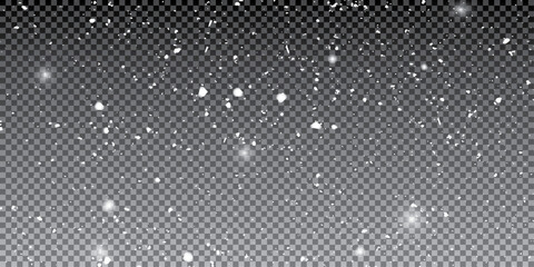 Winter snow overlay with falling snowflakes on dark transparent background - realistic white flake particles floating down for  design, holiday decoration and seasonal effect composition. © Creative