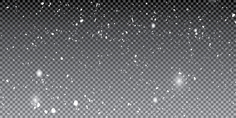 Winter snow overlay with falling snowflakes on dark transparent background - realistic white flake particles floating down for  design, holiday decoration and seasonal effect composition. © Creative