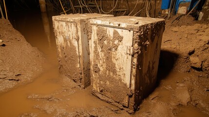 Two mud caked electrical distribution boxes weathered in a dirty outdoor industrial environment