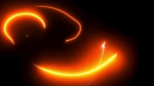 Abstract animation of fast-moving neon light streaks in orange, blue, and pink colors, scribbling chaotically against a black background.