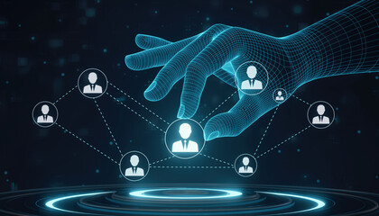 Conceptual image showcasing networking and digital connections. A hand of light reaching towards people icons in network