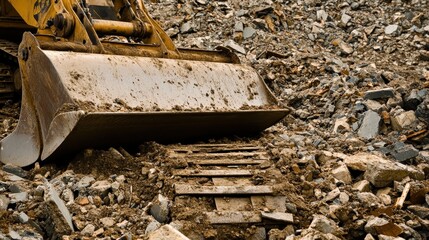 Close up view of a yellow bulldozer blade and tracks clearing large piles of debris and dirt on a construction site
