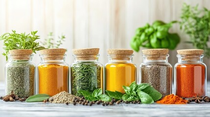 Spices and herbs in glass jars on a wooden kitchen counter