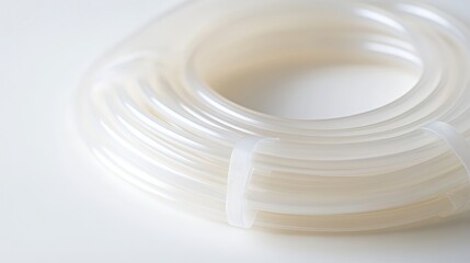 Bundles of coiled sterile medical tubing are neatly arranged on a white background