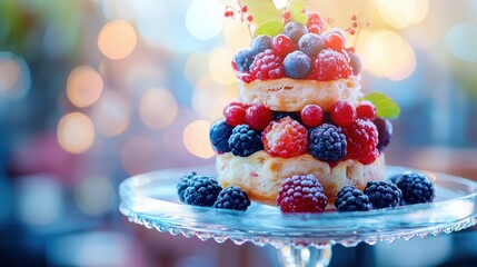 Stacked pastry dessert with fresh berries on glass plate