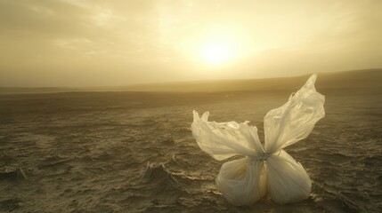 Bundles of tied up brittle torn plastic bags snagged in a dry arid landscape under a hazy golden sun