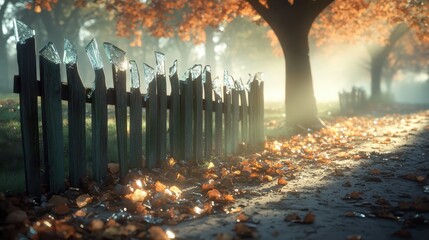 Broken glass fence with scattered autumn leaves in sunlight