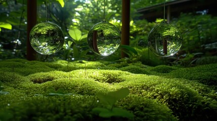Clear glass spheres reflecting a lush green garden with droplets of water suspended in mid air