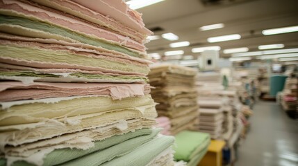 Stacks of sorted fabric scraps in various pastel colors arranged neatly in a professional setting for potential use