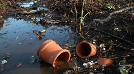 Broken terracotta pots and scattered plant debris lie in muddy water after a flood or disaster