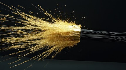Bright gold fibers bursting from a bundle of dark wires against a black background