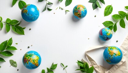 Ecological white background, globes around, lots of green leaves, canvas bag, sprouts from the ground, scattered earth, all elements scattered around, empty space in the middle, top view.