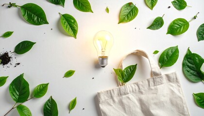 Ecological white background, around the light bulb, lots of green leaves, canvas bag, sprouts from the ground, scattered earth, all the elements scattered around, top view.