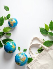 Ecological white background, globes around, lots of green leaves, canvas bag, sprouts from the ground, scattered earth, all elements scattered around, empty space in the middle, top view.