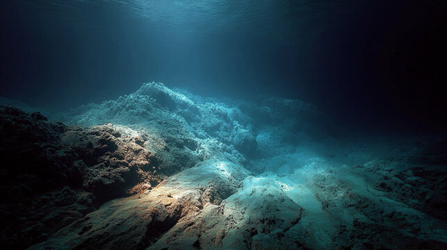 Abyssal plain deep ocean sediment, expansive flat seafloor with fine particulate layers, dark marine environment, minimal light, underwater biodiversity ecosystem, sediment textures and ecological 