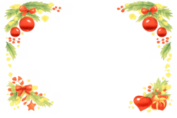 Christmas frame watercolor art with festive pine branches, red ornaments, bows, gifts, and berries on a transparent background