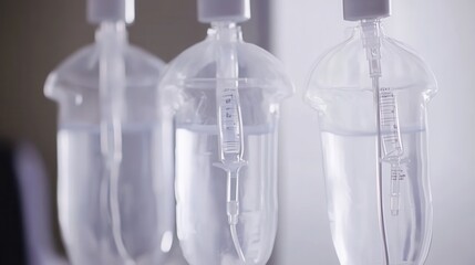 Close up of clear plastic intravenous saline solution bags with tubing in a medical setting