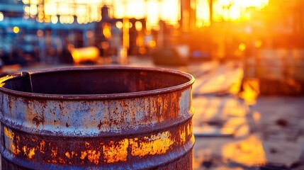 Close up of a rusty empty metal oil barrel with streaks of corrosion in warm industrial sunset light