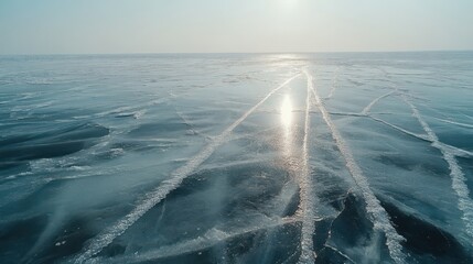 Sunlight glinting off the vast frozen expanse of ice with patterns and cracks reflecting the bright sky