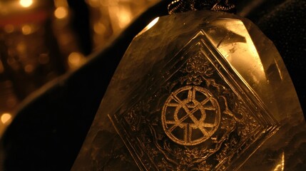 Close up of an ornate gold pendant featuring intricate carved detailing and a central symbol of unity