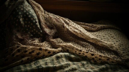 Close up of draped patterned fabric with intricate designs and soft textures creating a warm neutral tone