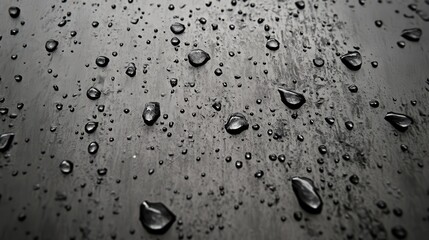 Close up of water droplets on a dark weathered metal surface