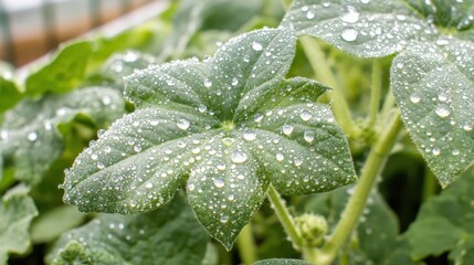 Closeup of green plant leaves with glistening water droplets