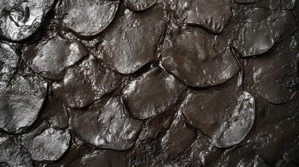 Close up view of cracked dry mud patterns resembling overlapping scales in abstract natural texture
