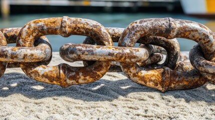 Thick rusty steel anchor chain links showing heavy corrosion and weathered texture resting on a sandy surface near water