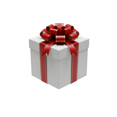 White gift box with red ribbon bow isolated on transparent background