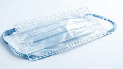 Close up view of a disposable blue medical face mask showing its textured surface and pleats against a white background