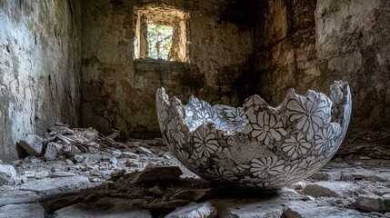 Cracked ceramic vase with delicate floral pattern in abandoned stone building