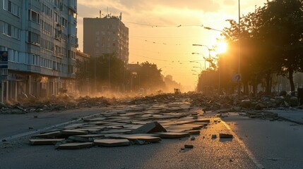 Damaged city street after earthquake at sunrise or sunset