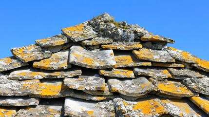 Weathered ceramic roofing tiles with chipped edges covered in moss and lichen against a bright blue sky