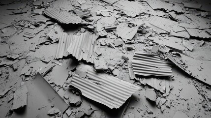 Fototapeta premium Crushed Corrugated Metal Sheet Debris Scattered on the Ground