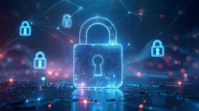 Cyber security protection concept shows glowing digital padlock, secure data network and encrypted information flow in a futuristic technology environment with cinematic depth and lighting.