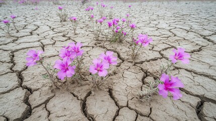 Delicate pink flowers blooming in a dry cracked arid desert landscape showing nature's resilience