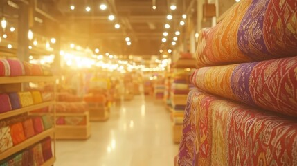 Display of colorful artisanal textiles in a well lit shop