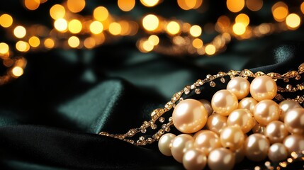 Clusters of lustrous golden pearls and sparkling chain draped on dark green fabric with glowing bokeh background