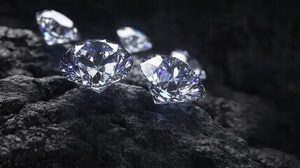 Cluster of rough unpolished diamonds scattered across dark rocky surface