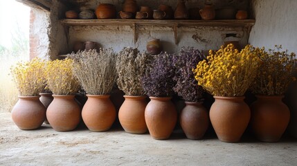 Collection of terracotta amphorae filled with dried aromatic herbs displayed on rustic shelves