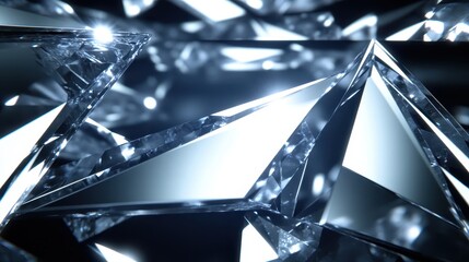 Intricate crystal facets refract intense light creating a dazzling abstract pattern of sharp geometric shapes and brilliant reflections