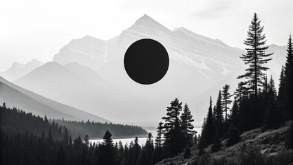 A serene mountain landscape with a mysterious black circle in the sky