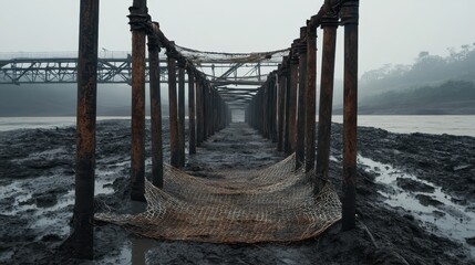 Dilapidated wooden and metal structure with netting on muddy ground under overcast sky