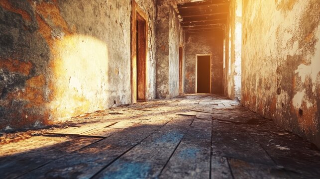 Dilapidated hallway with sunbeams and decaying plasterwork