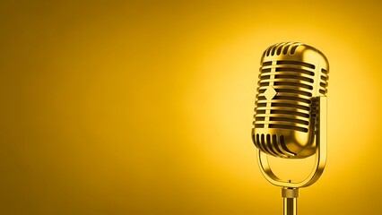 A golden vintage microphone stands prominently against a monochromatic yellow backdrop