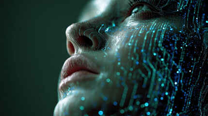 Futuristic conceptual portrait of a female face with glowing digital circuit board patterns and data particles representing artificial intelligence machine learning and advanced cybernetic technology