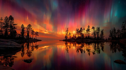 . Northern lights reflecting in calm lake under colorful sky, aurora borealis phenomenon, natural night landscape, outdoor scenery, tranquil wilderness, reflective water surface, Arctic environment, 