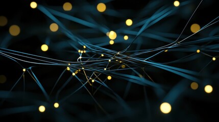 Interwoven luminous fiber optics with glowing yellow lights forming an abstract futuristic network pattern