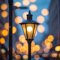 An antique iron lantern with a vintage glass bulb glows against the night sky, casting light from its old metal frame mounted on a city wall as a classic streetlamp